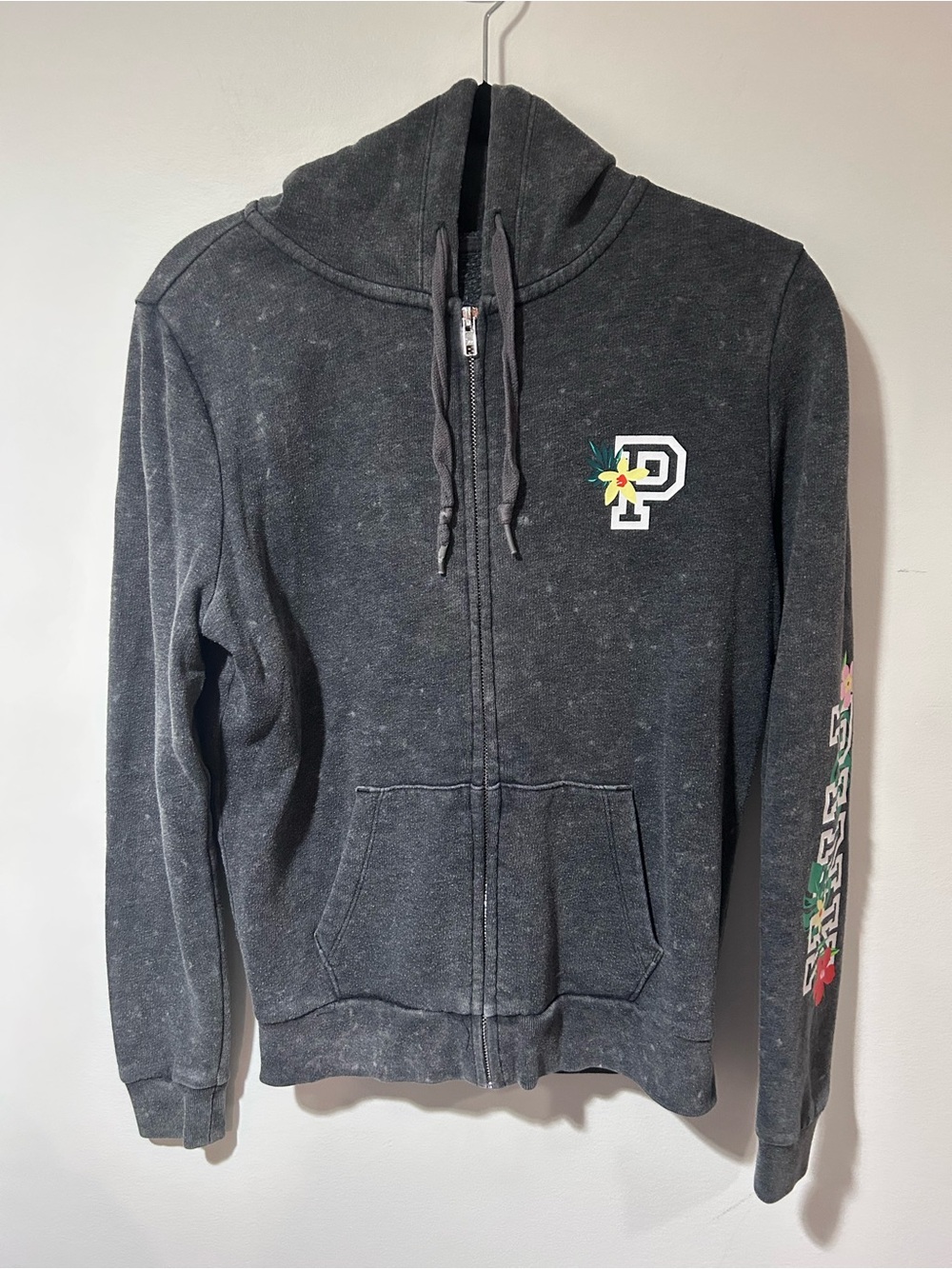 PINK Victoria's Secret Charcoal Full-Zip Hoodie with Floral 'P' Patch